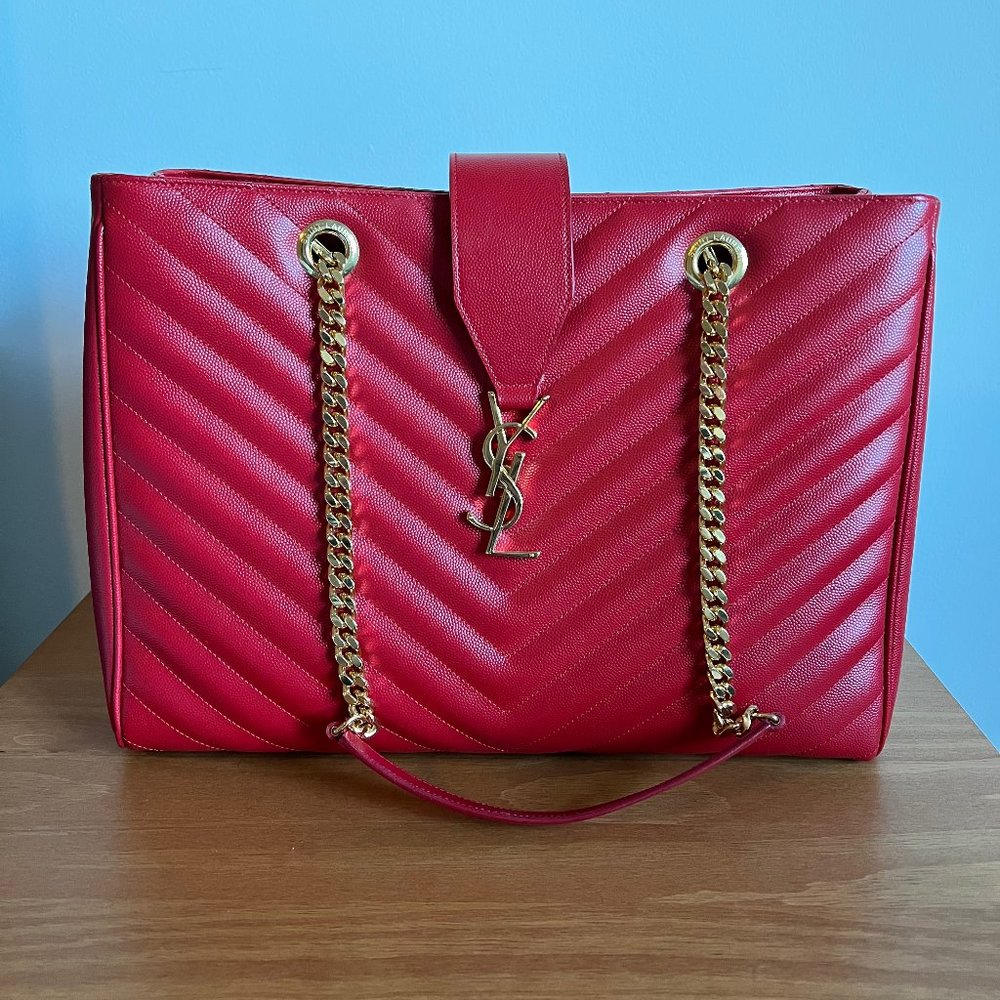 Saint Laurent Chevron-Quilted Leather Shoulder Chain Tote Bag, Red
